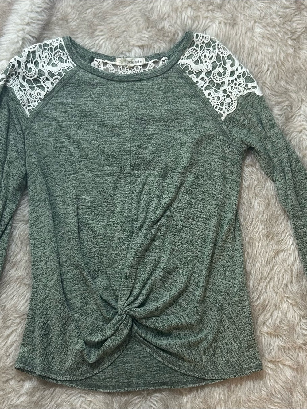 Rewind Green Long-Sleeve Knit Top with White Lace Shoulders and Front Twist